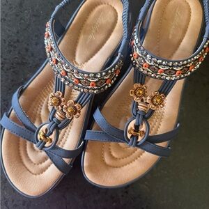 Blue and Tan Sandals with Beaded Details